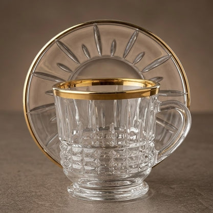 6-Piece Gold-Trimmed Crystal Coffee Cup and Saucer Set