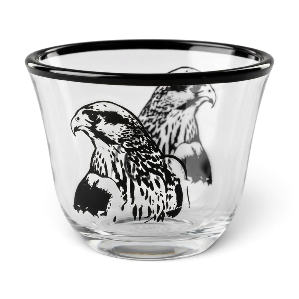 Falcon Motif Glass Arabic Coffee Cup Set with Black Trim (6 Pieces)
