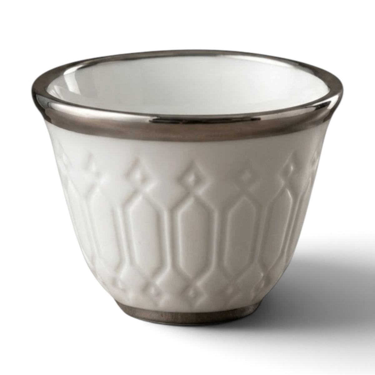 Cawa White Ceramic Arabic Cups – Geometric Relief Design with Silver Edge (12-Pieces)