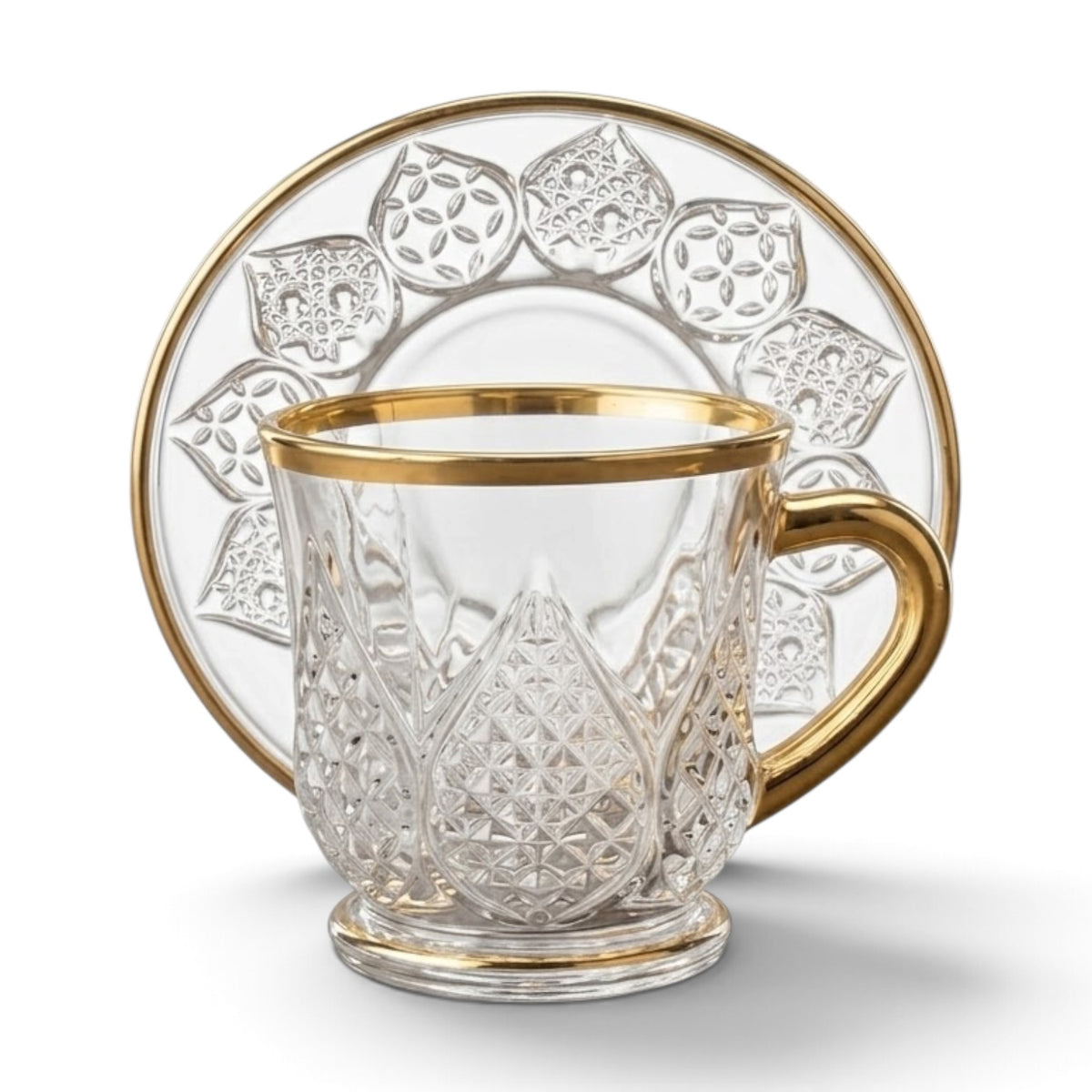 Clear Glass Espresso Set – Cut Crystal Relief Design with Gold Rims (6-Person Set)