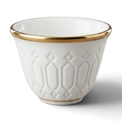 Cawa White Ceramic Arabic Cups – Geometric Relief Design with Gold Edge (12-Pieces)