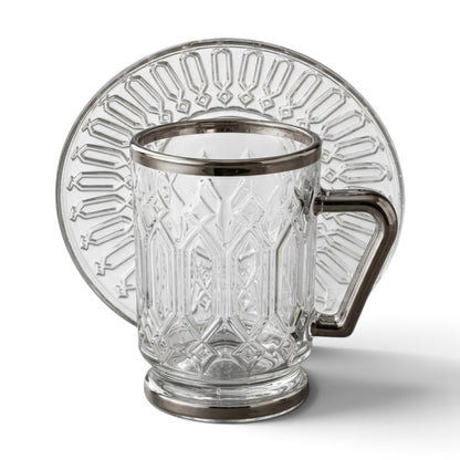 Clear Glass Estikan Set – Geometric Relief Design with Silver Rims (6-Person Set)