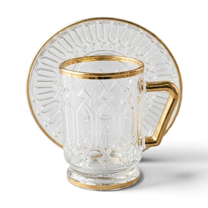 Clear Glass Estikan Set – Geometric Relief Design with Gold Rims (6-Person Set)