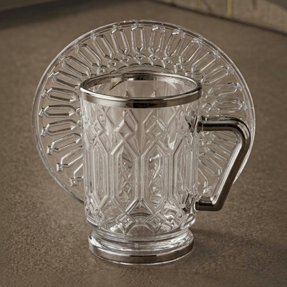 Clear Glass Estikan Set – Geometric Relief Design with Silver Rims (6-Person Set)