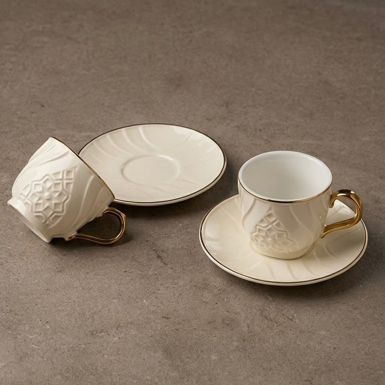 Rose Trim Porcelain Coffee Cup and Saucer Set (12 Pieces / 6-Person Set)