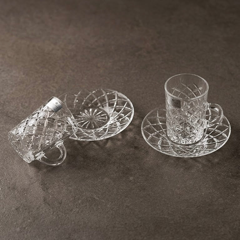 Diamond-Cut Clear Glass Tea Cup and Saucer Set (6 Pieces)