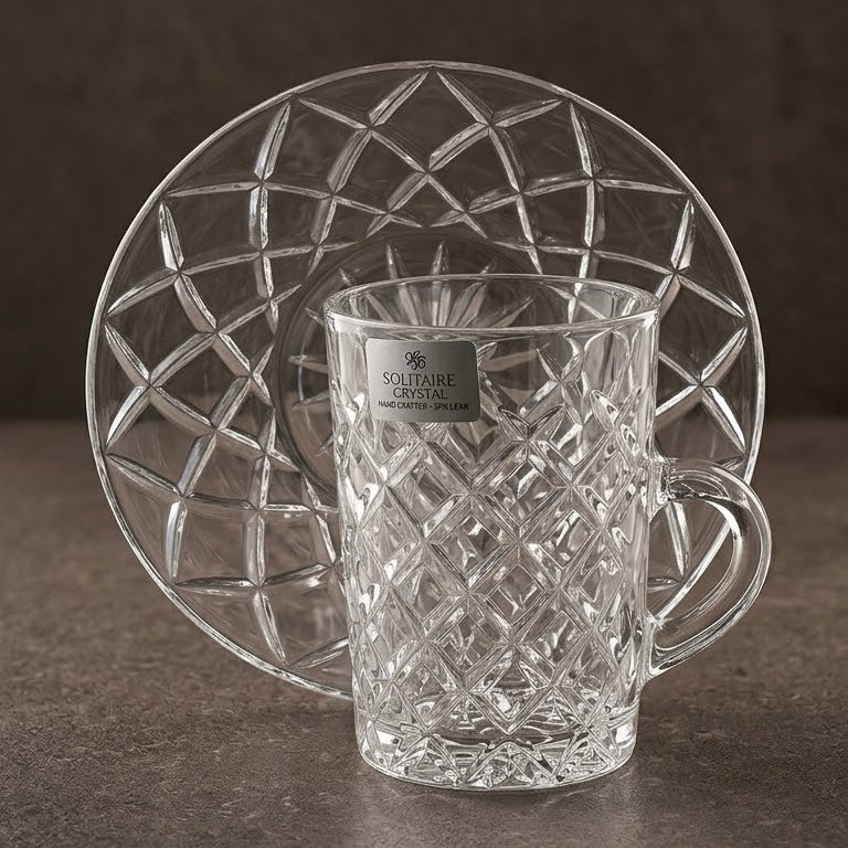 Diamond-Cut Clear Glass Tea Cup and Saucer Set (6 Pieces)