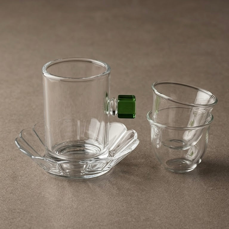 Glass Tea and Arabic Coffee Hosting Set with Green Accents (Complete 18-Piece Collection)