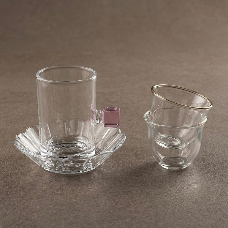 Glass Tea and Arabic Coffee Hosting Set with Purple Accents and Gold Rims ( 18-Piece )