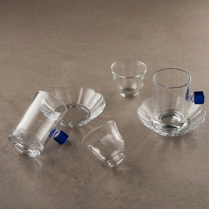 Glass Tea and Arabic Coffee Hosting Set with Cobalt Blue Accents (18-Piece )