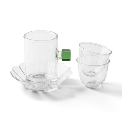 Glass Tea and Arabic Coffee Hosting Set with Green Accents (Complete 18-Piece Collection)