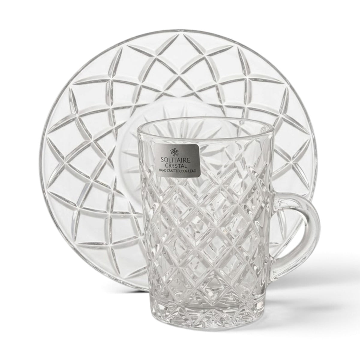 Diamond-Cut Clear Glass Tea Cup and Saucer Set (6 Pieces)
