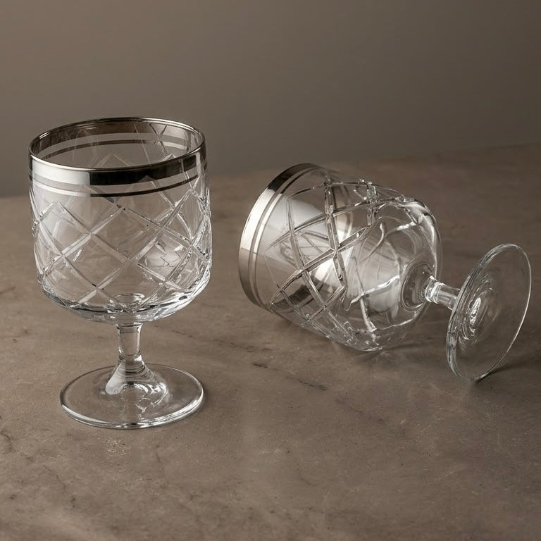 Diamond-Cut Stemmed Water & Juice Goblets with Silver Rim (Set of 6)