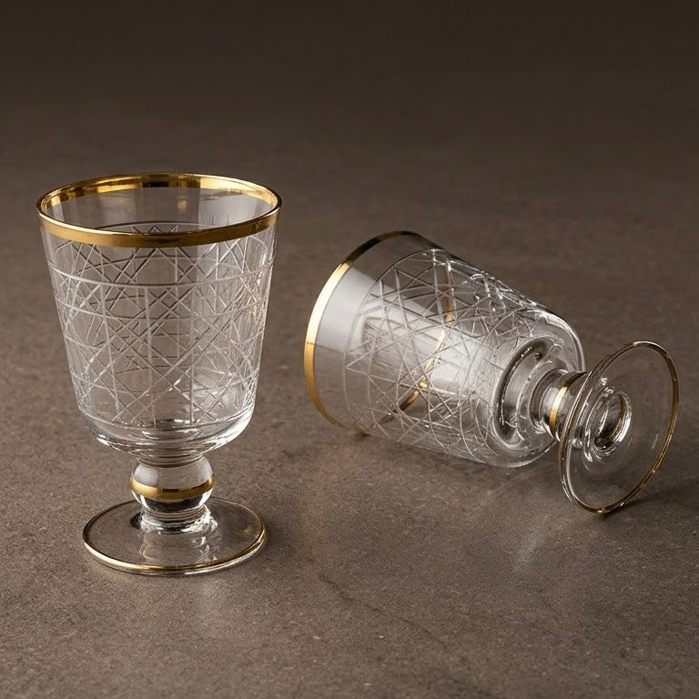 Gold-Rimmed Cannage Pattern Stemmed Juice Glasses (Set of 6)