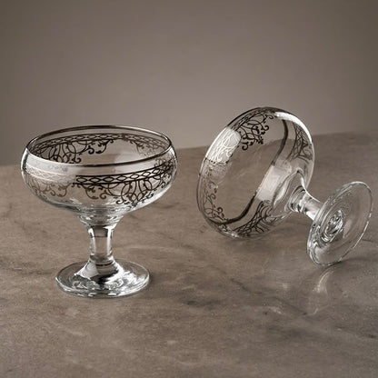 Silver Scrollwork Footed Glass Dessert Bowls (Set of 6)