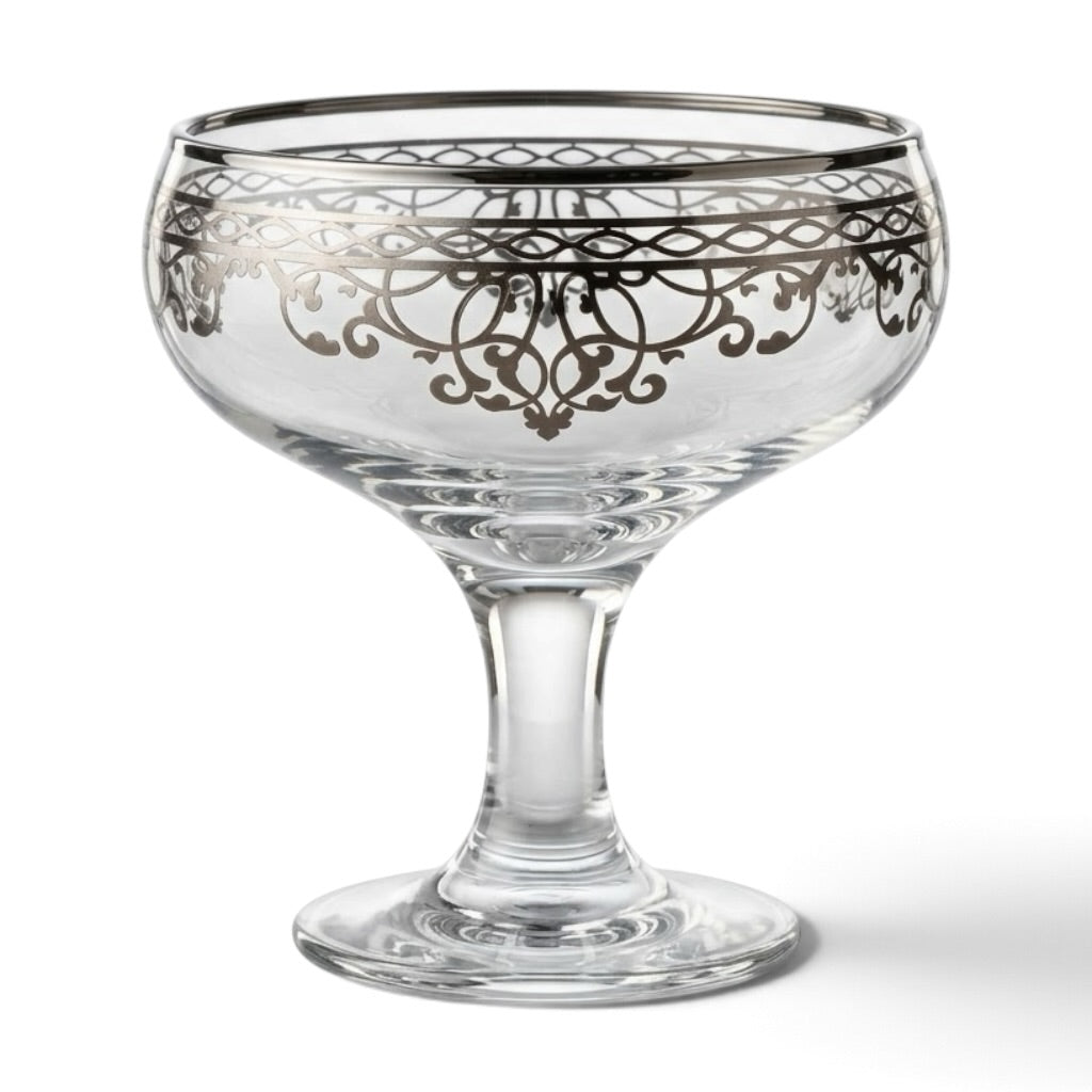 Silver Scrollwork Footed Glass Dessert Bowls (Set of 6)