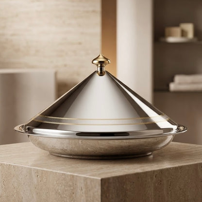 Shadaan Stainless Steel Serving Dish with Conical Lid & Gold Accents – 20 cm