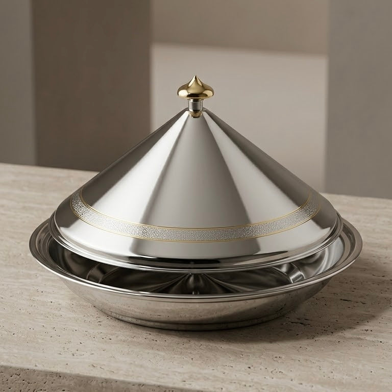 Shadaan Stainless Steel Serving Dish with Conical Lid & Gold Accents – 20 cm