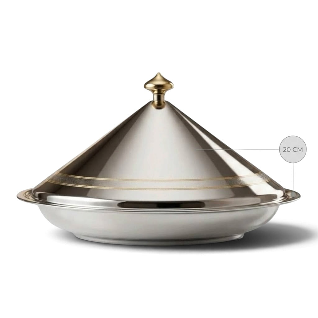 Shadaan Stainless Steel Serving Dish with Conical Lid & Gold Accents – 20 cm