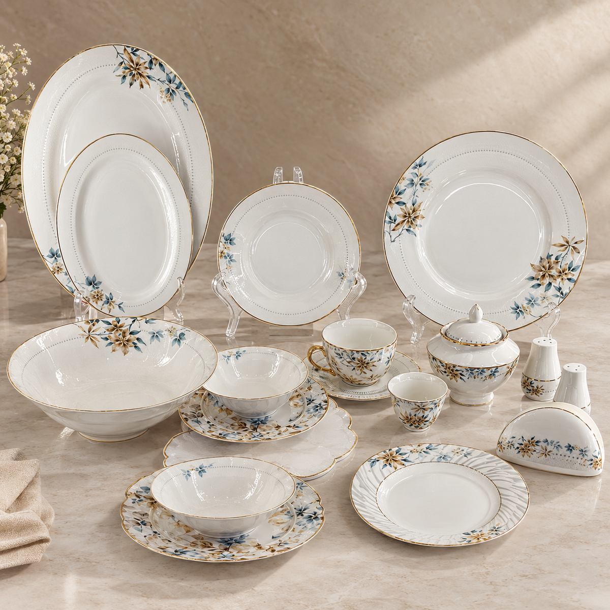 Luxury 65-Piece Porcelain Dinnerware Set for 8 Persons – Floral Design with Gilded Gold Rim
