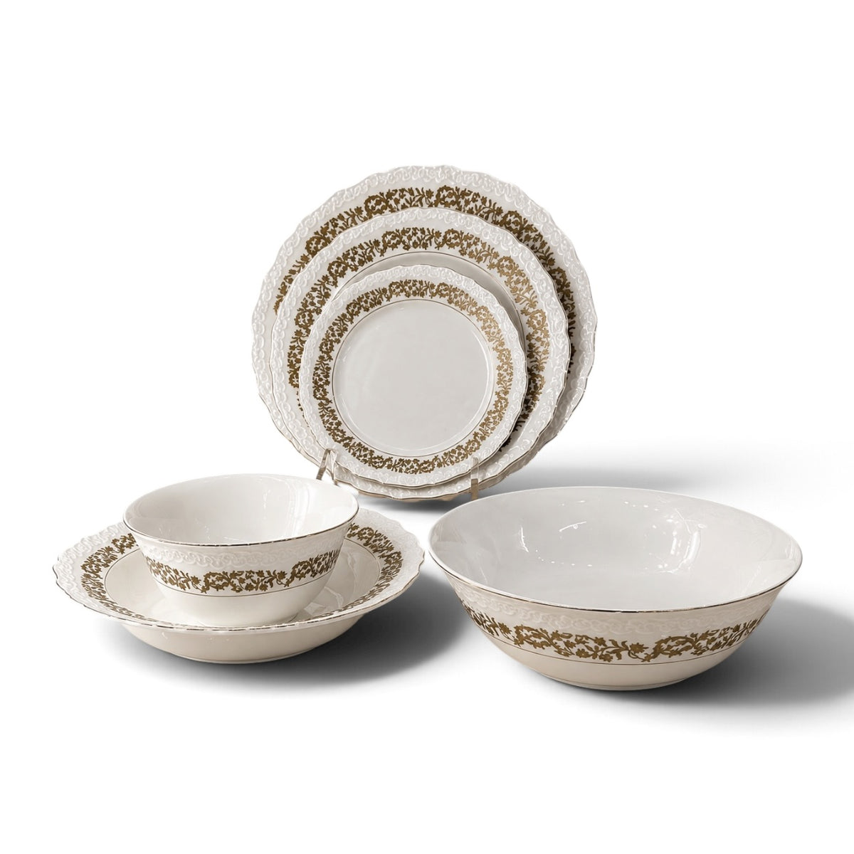Royal 26-Piece Porcelain Dinnerware Set for 6 Persons – Scalloped Rim with Vintage Gold Filigree Pattern