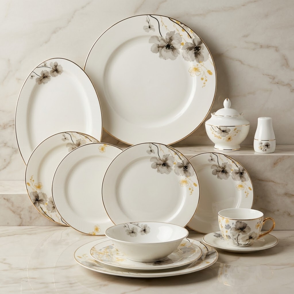 Luxury 65-Piece Fine Porcelain Dinnerware Set – Warm Beige & Charcoal Watercolor Floral Motif with Gilded Gold Accents (Model DS-24A387)