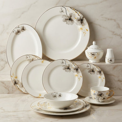 Luxury 65-Piece Fine Porcelain Dinnerware Set – Warm Beige & Charcoal Watercolor Floral Motif with Gilded Gold Accents (Model DS-24A387)