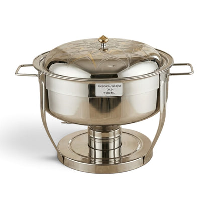 Luxury Round Stainless Steel Chafing Dish 7.5L (7500 ml) – Food Warmer with Geometric Gold-Etched Dome Lid & Heavy-Duty Circular Base