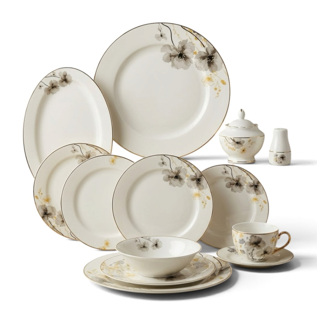 Luxury 65-Piece Fine Porcelain Dinnerware Set – Warm Beige & Charcoal Watercolor Floral Motif with Gilded Gold Accents (Model DS-24A387)