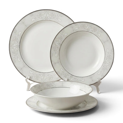 Royal 24-Piece Fine Porcelain Dinnerware Set – Off-White with Baroque Silver Damask Trim (Model TRJ25027)