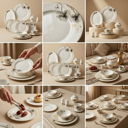 Luxury 65-Piece Fine Porcelain Dinnerware Set – Warm Beige & Charcoal Watercolor Floral Motif with Gilded Gold Accents (Model DS-24A387)
