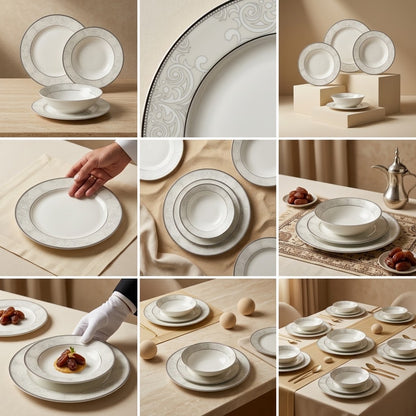 Royal 24-Piece Fine Porcelain Dinnerware Set – Off-White with Baroque Silver Damask Trim (Model TRJ25027)