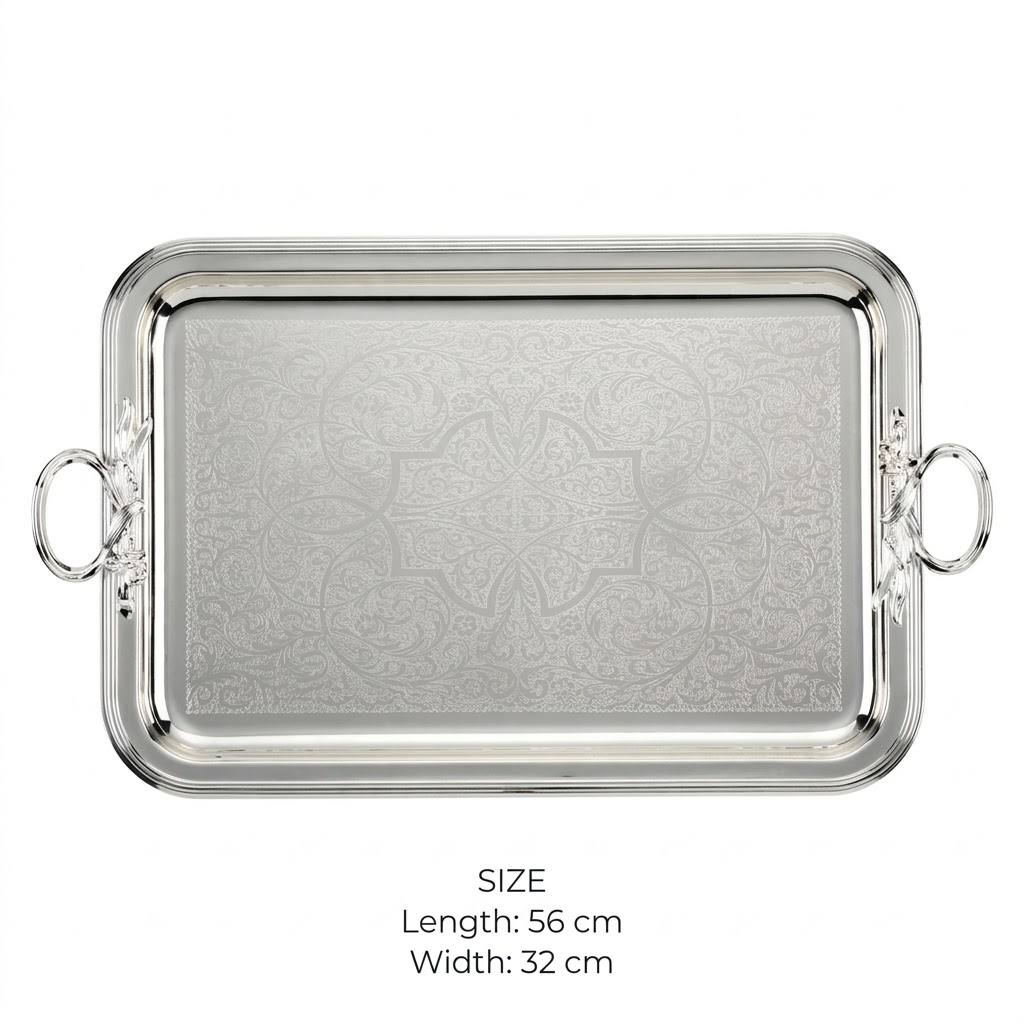 Royal Arabesque Engraved Stainless Steel Serving Tray with Foliage Handles – 56 × 32 cm