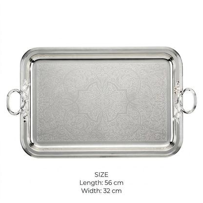 Royal Arabesque Engraved Stainless Steel Serving Tray with Foliage Handles – 56 × 32 cm