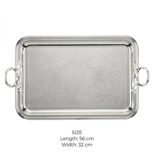 Royal Arabesque Engraved Stainless Steel Serving Tray with Foliage Handles – 56 × 32 cm
