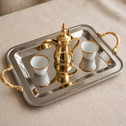 Royal Dual-Tone Stainless Steel Serving Tray with Braided Rope Rim & Gilded Baroque Handles