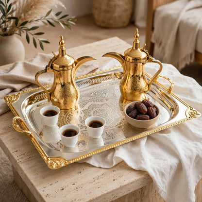 Grand Royal Dual-Tone Baroque Stainless Steel Serving Platter with Arabesque Etching, Pierced Gallery & Gilded Accents – 66 × 47 cm