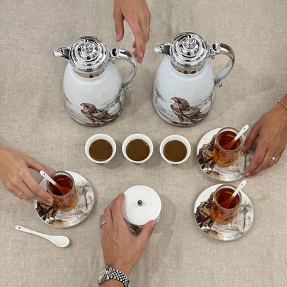 Heritage Falcon Edition 27-Piece Tea & Arabic Coffee Hospitality Set with Chrome Accents & Dual Thermal Carafes
