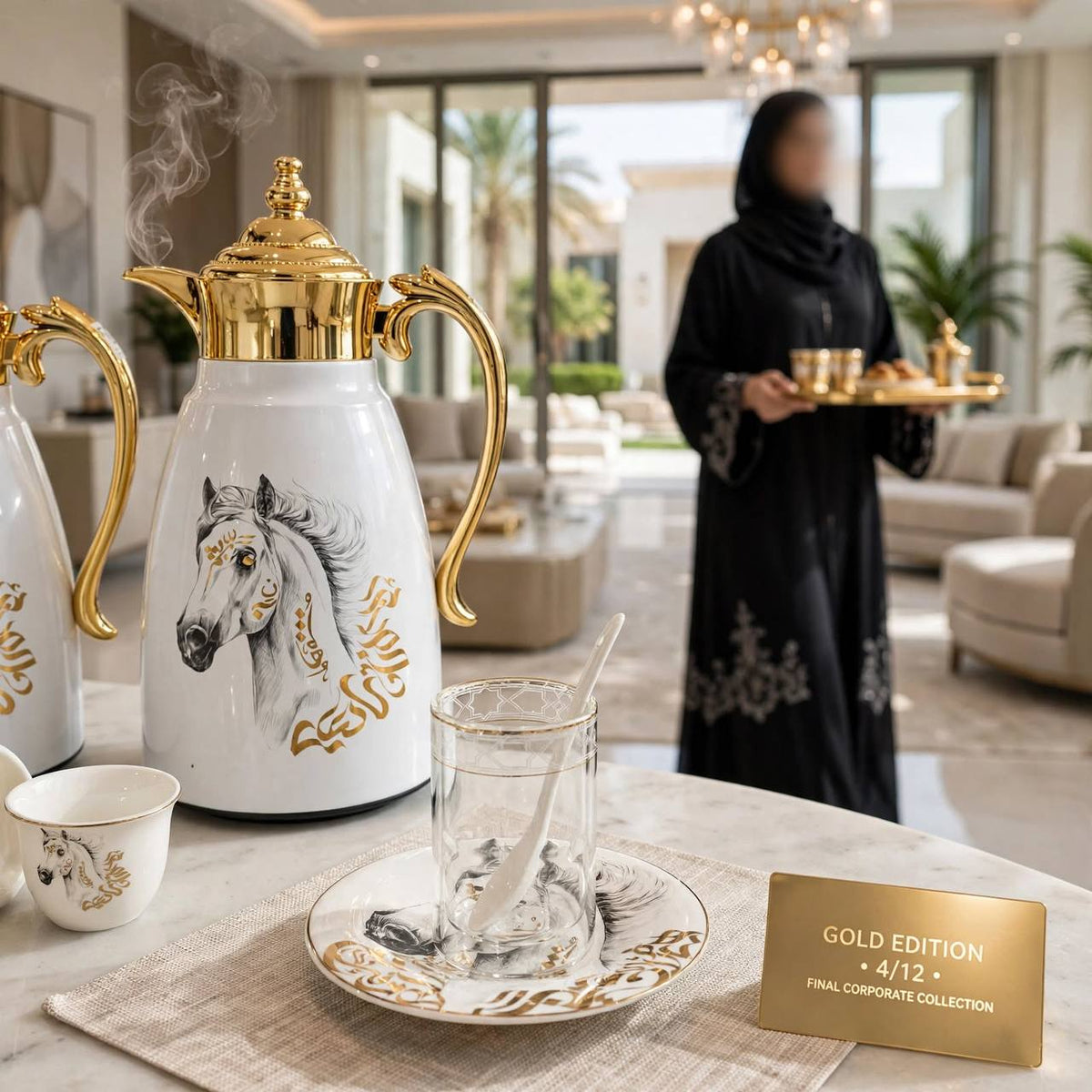 Royal Arabian Stallion 27-Piece Tea & Coffee Hospitality Set with Gilded Accents & Dual Thermal Carafes