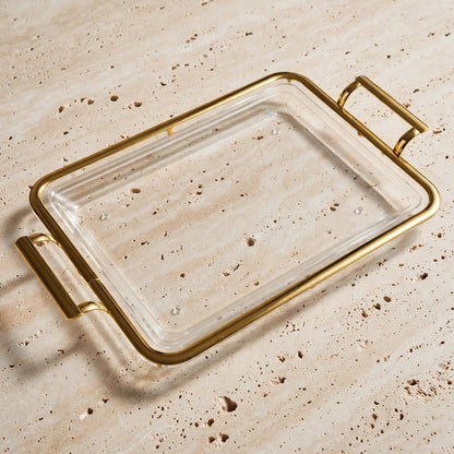 Luxury Minimalist Clear Acrylic Serving Platter with Gilded Frame & Rectangular Metal Handles – 55 × 32 cm