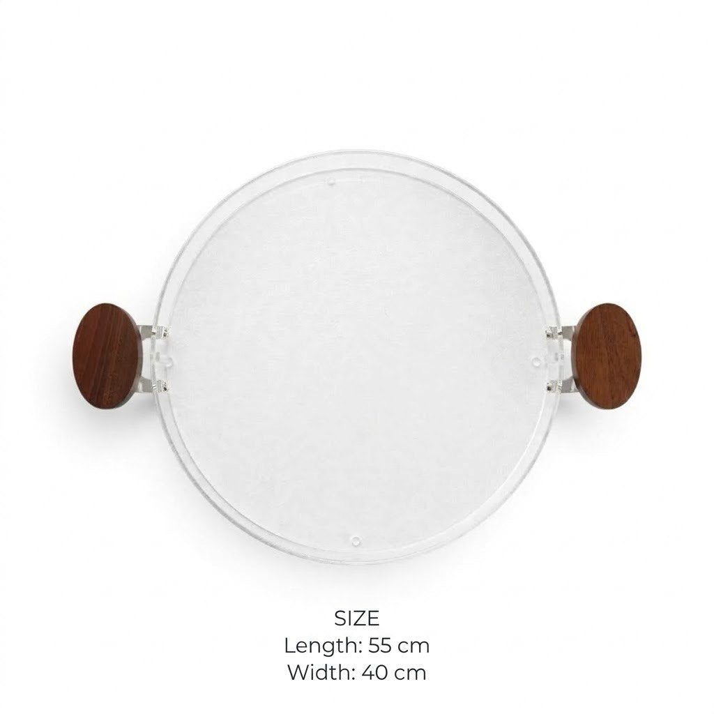 Modern Oval Clear Acrylic Serving Platter with Round Natural Wood Side Handles – 55 × 40 cm