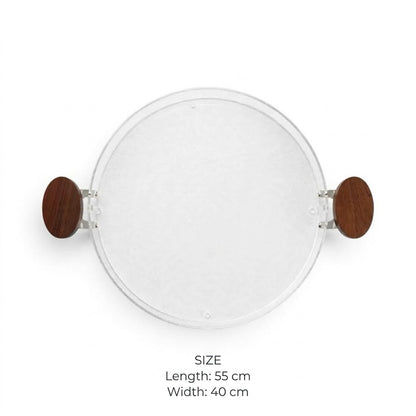 Modern Oval Clear Acrylic Serving Platter with Round Natural Wood Side Handles – 55 × 40 cm