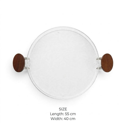 Modern Oval Clear Acrylic Serving Platter with Round Natural Wood Side Handles – 55 × 40 cm
