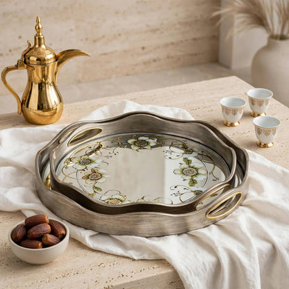 Elegant 2-Piece Round Serving Tray Set with Floral Botanical Print & Sculpted Silver Rim
