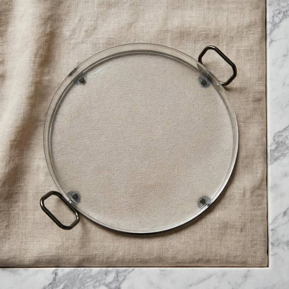 Modern Round Clear Acrylic Serving Platter with Mirror Chrome Frame & Loop Handles – 44 × 36 cm