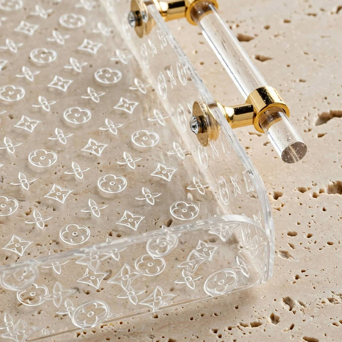 Luxury Monogram Pattern Clear Acrylic Serving Platter with Cylindrical Handles & Polished Gold Hardware – 52 × 27 cm