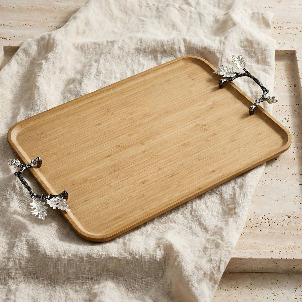 Natural Wood Rectangular Serving Platter with Silver Oak Leaf Branch Handles – 57 × 37 cm