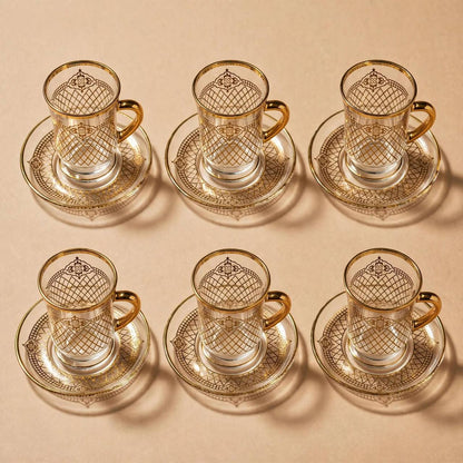 Glass Tea Cups & Saucers 12 Pcs Set Gold Pattern