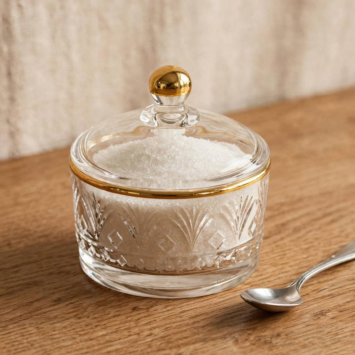 Gold Rim Cut Crystal Glass Sugar Bowl with Lid – 10x9cm