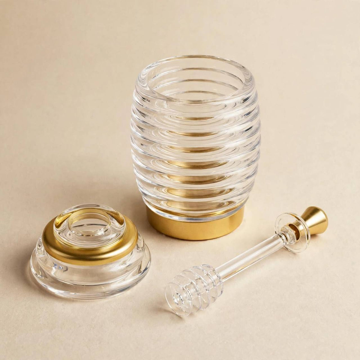 Luxury Gold Trim Acrylic Beehive Honey Jar with Integrated Dipper – 15x7.5cm